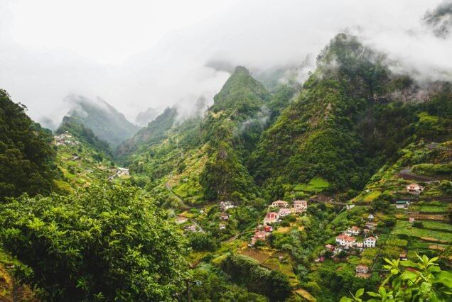 Landscape of green slopes of mountains located on the Island of Madeira, in Portugal