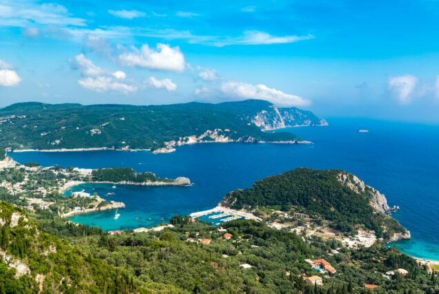 Landscape of the Bay of Palaiokastritsa surrounded by the sea in Corfu, Greece