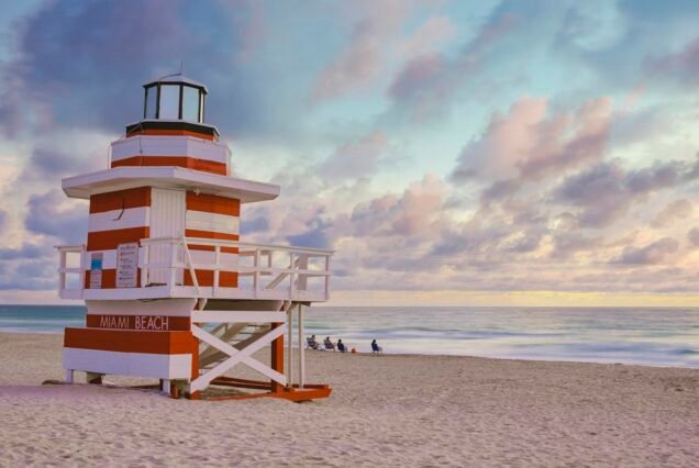 Lifeguard hut on the beach in Miami Florida, colorful hut on the beach during sunrise Miami Beach