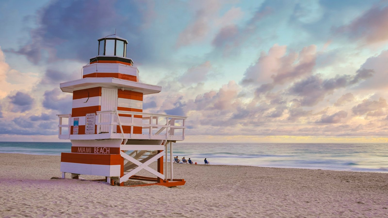 Lifeguard hut on the beach in Miami Florida, colorful hut on the beach during sunrise Miami Beach