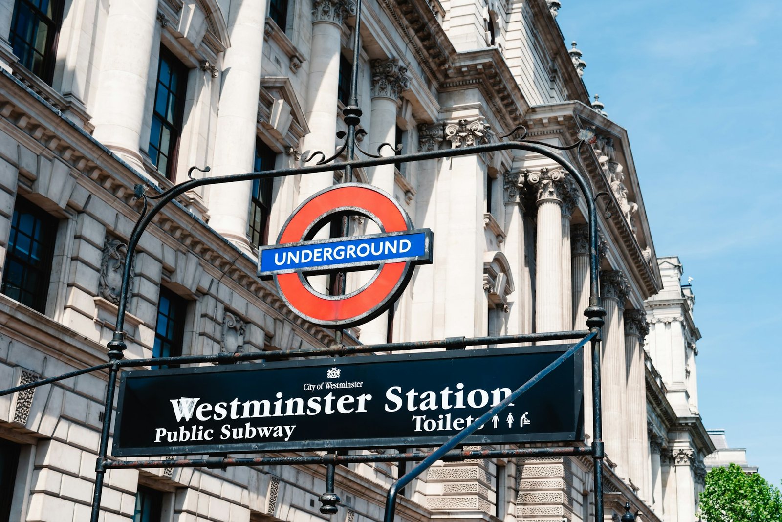 Low angle view of Underground sign in London. Britain, London, UK,