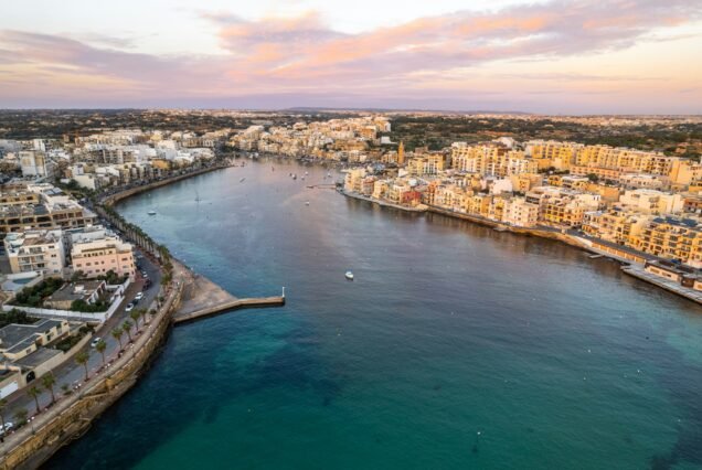 Marsaskala fisherman village in Malta, aerial drone view