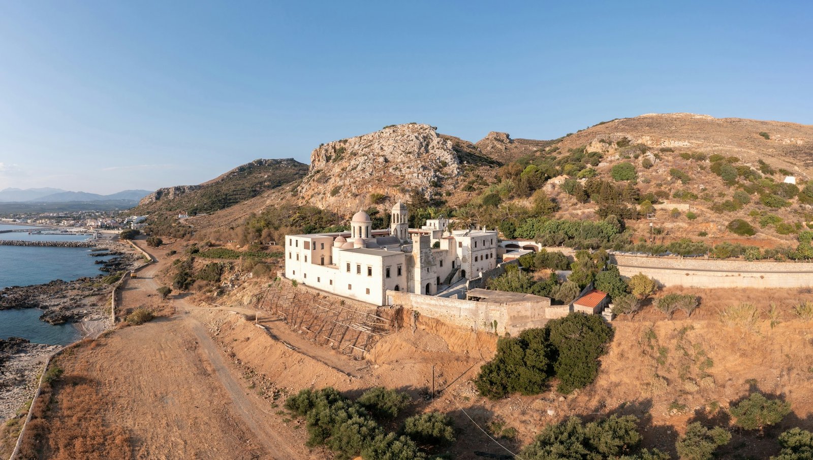 Monastery Gonia Odigitria, Chania town, Crete island, Greece. Aerial drone view of Orthodox Church.