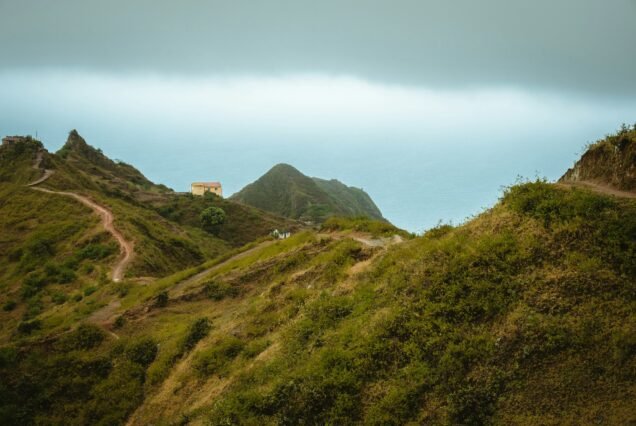 Mountain range of Ribeira de Janela on Santo Antao Cape Verde. Hiking trail path leading down to