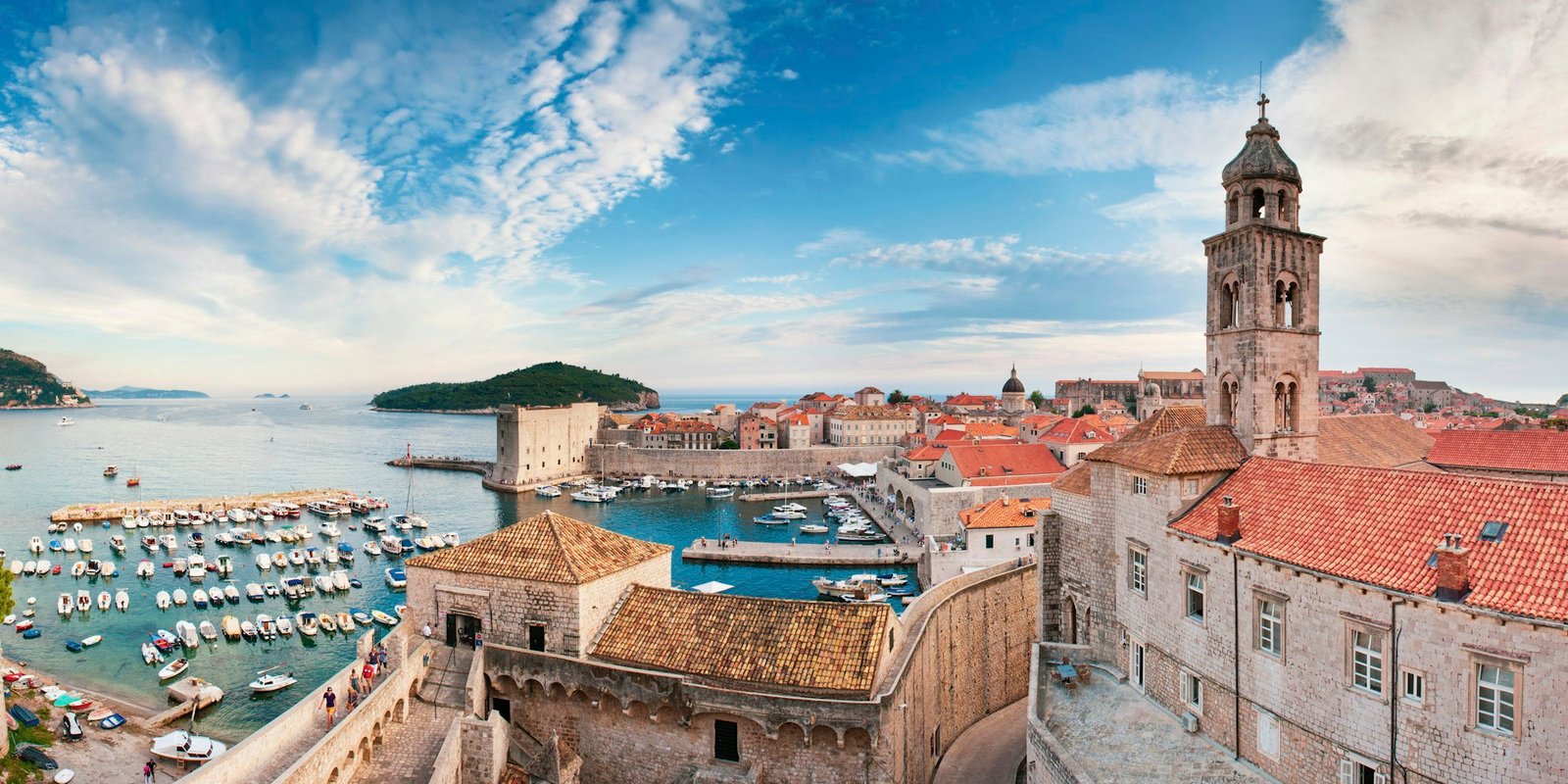 Panoramic photo of Dubrovnik Old Town Harbor and the Dominican Monastery from Dubrovnik city walls,