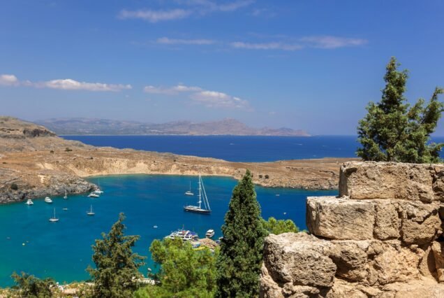 Panoramic view of colorful harbor in Lindos village, Rhodes. Aerial view of beautiful landscape, sea