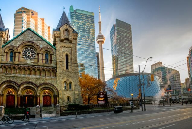 Panoramic view of St Andrew's Presbyterian Church and CN Tower - Toronto, Ontario, Canada