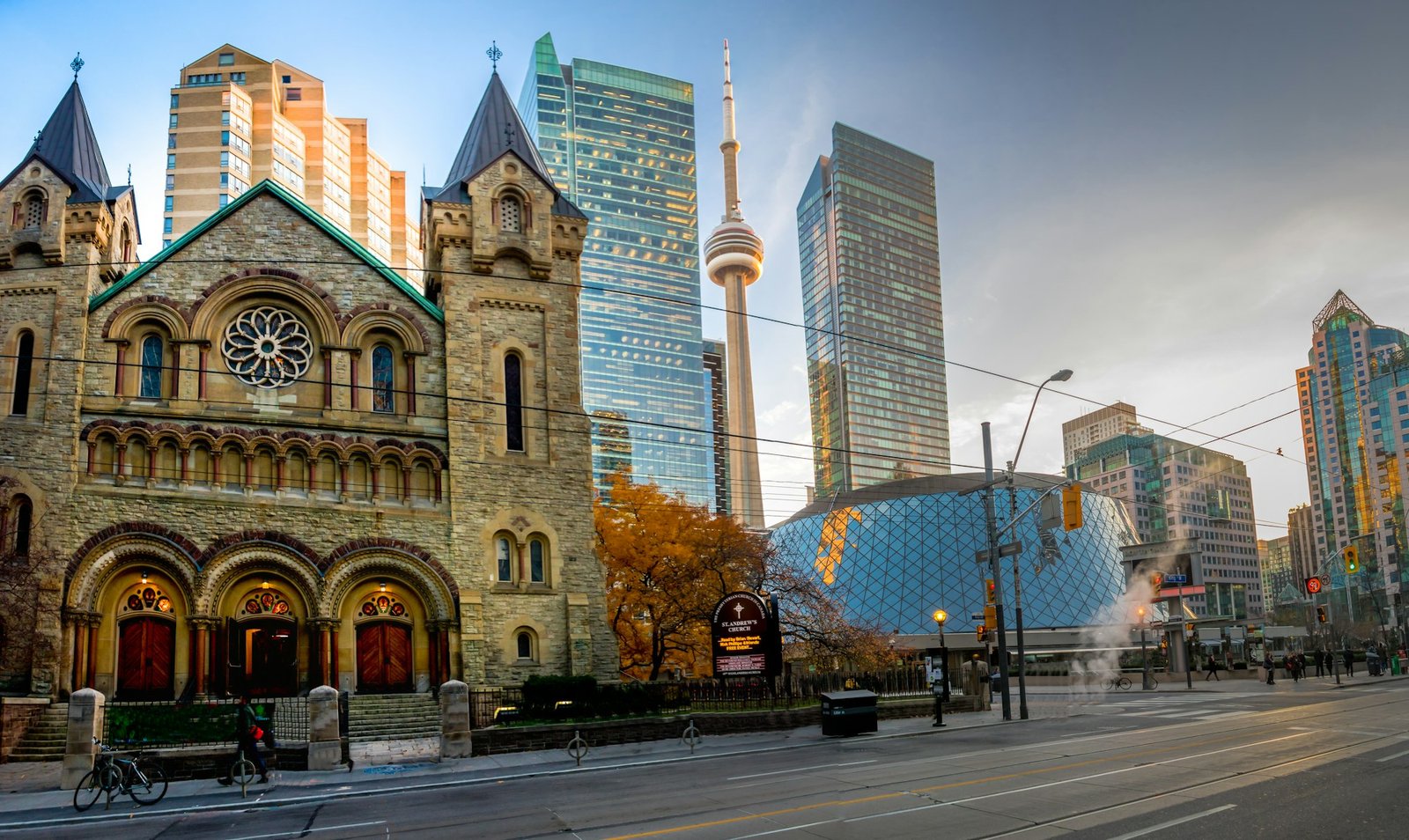 Panoramic view of St Andrew's Presbyterian Church and CN Tower - Toronto, Ontario, Canada