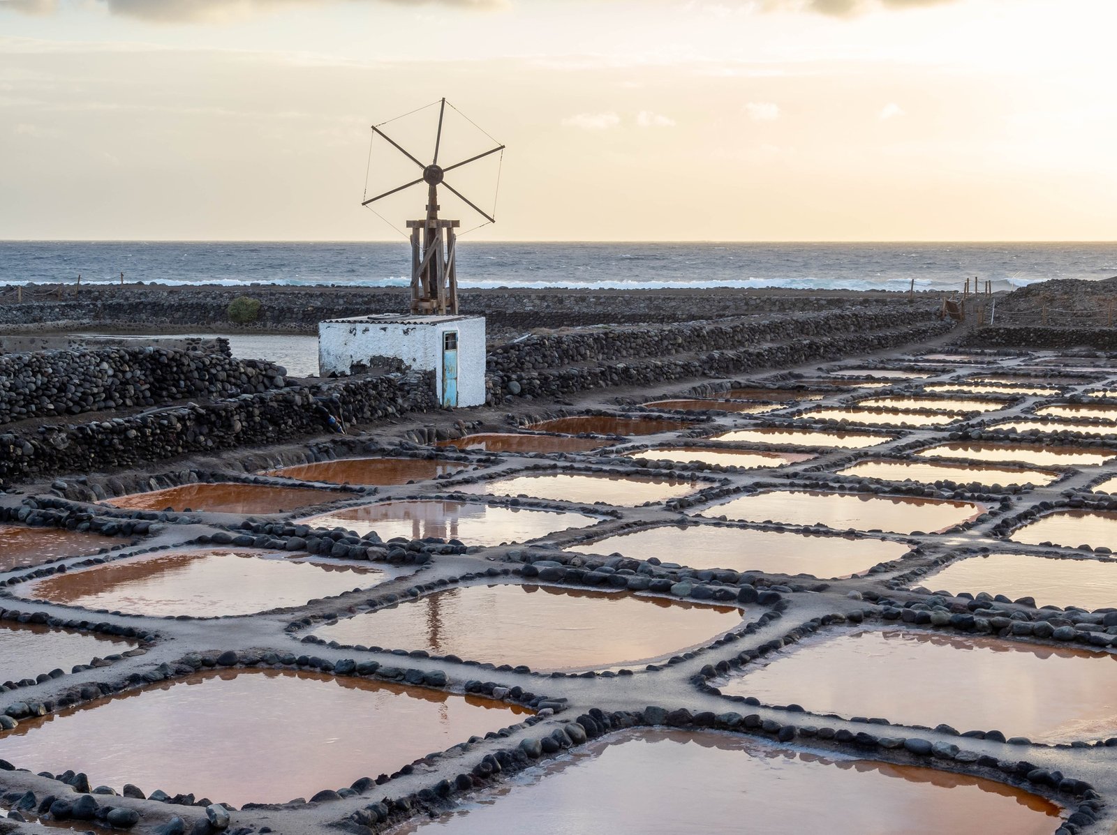 Ponds of color at sunrise, salines of Tenefe, coast of Gran canaria, Canary islands