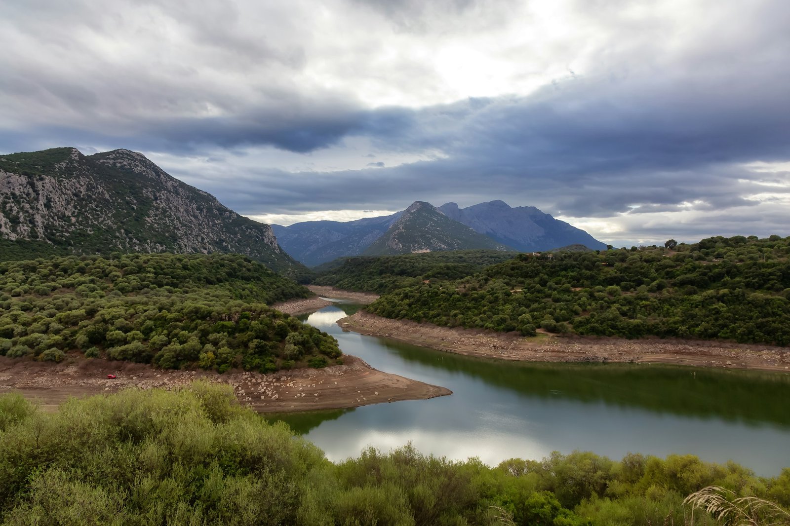 River and Mountain Landscape Nature Background. Sardinia, Italy
