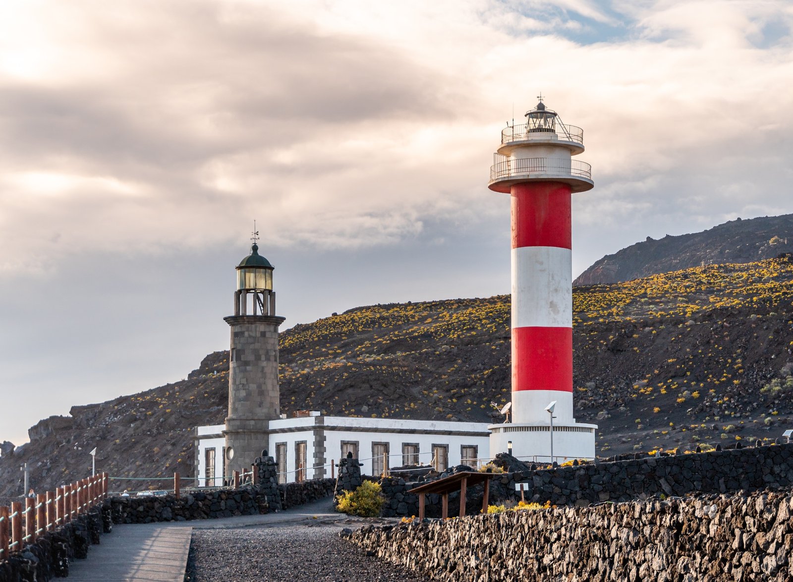 Scenic view of the Fuencaliente Lighthouse in La Palma, Canary Islands, Spain during sunset