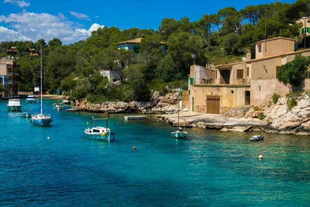 Scenic view of the Mallorca shoreline with crystal blue water, Spain.