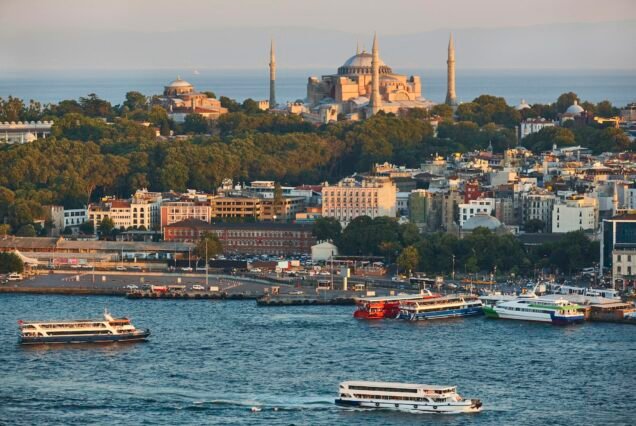 Sofia mosque and bosporus strait. Istanbul skyline. Turkey