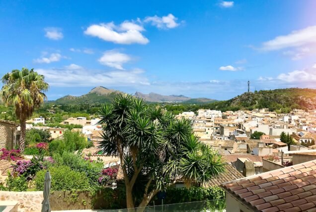 Spain Majorca, view of the old town of Pollenca with beautiful landscape on Majorca island