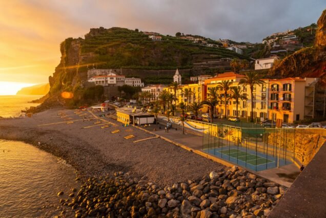 Sunset in Ponta do Sol, Madeira, aerial view of the beach in summer. Portugal