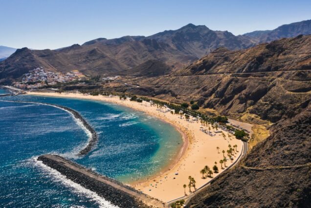 Top view of Las Teresitas beach with yellow sand. Near the city of Santa Cruz de Tenerife, Tenerife