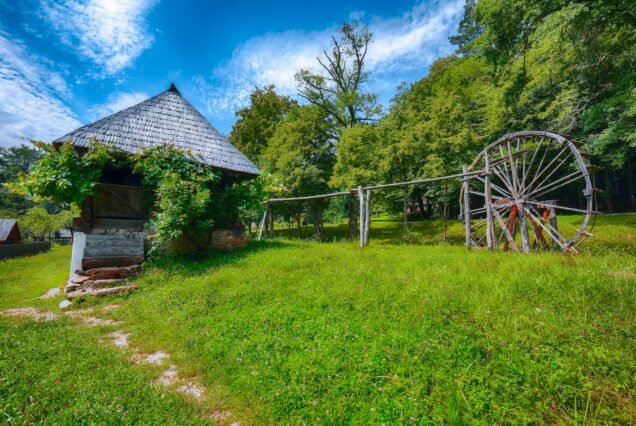 View of traditional romanian peasant houses in Transylvania, Romania.