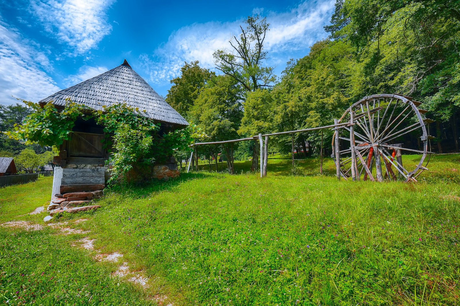 View of traditional romanian peasant houses in Transylvania, Romania.