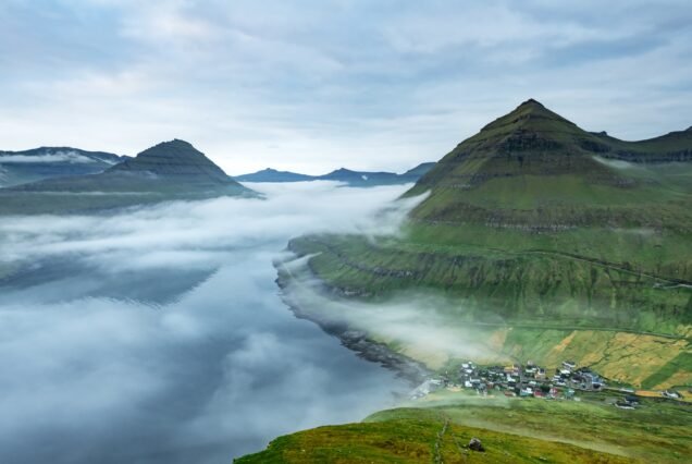 Panorama over majestic sunny fjords of Funningur