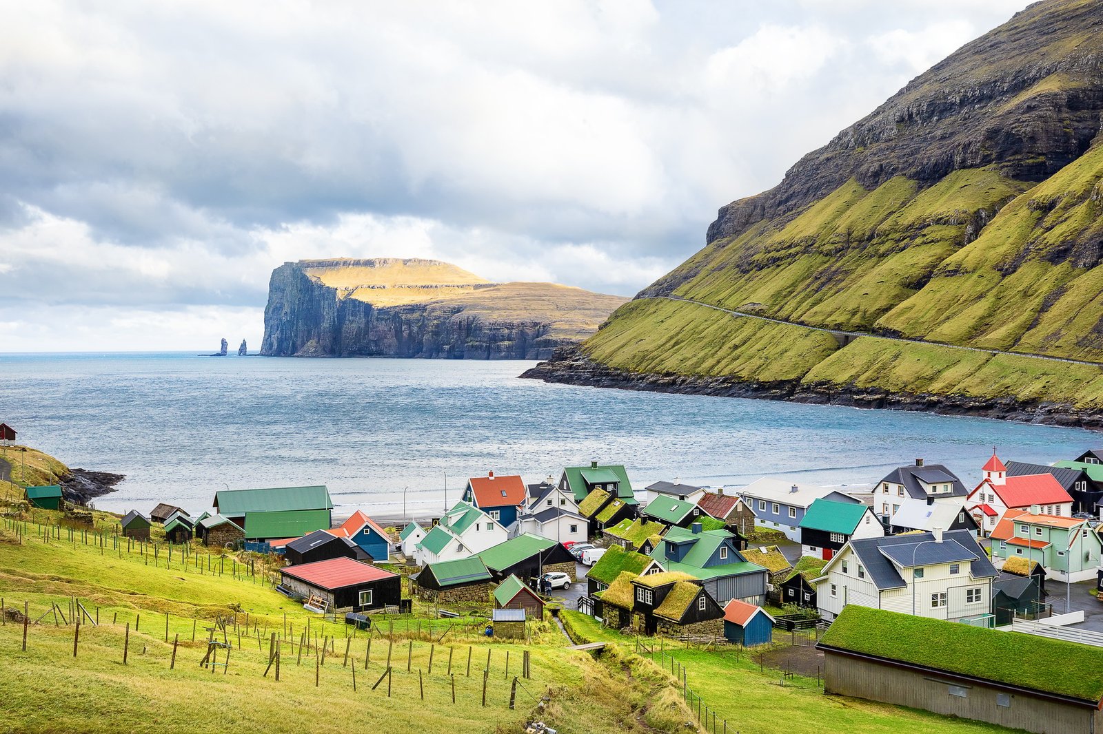 Tjornuvik village, stacks Risin and Kellingin before storm, Eysturoy, Faroe Islands, Denmark