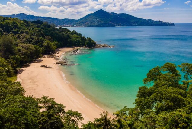 Aerial view of Laem Sing beach with beautiful sea, Phuket island, Thailand