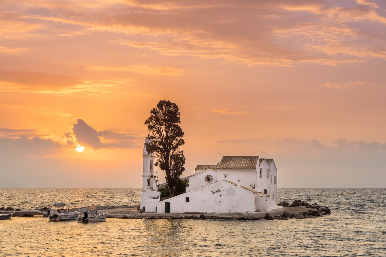 scene of Vlacherna monastery at sunrise, Kanoni, Corfu