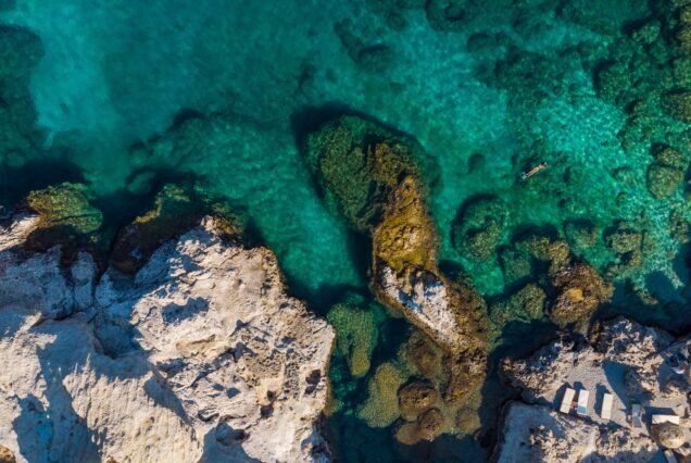 Turquoise Water and Rocky Shore on Greek Island, Aerial top Down