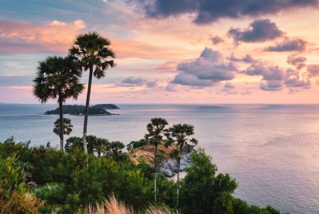 Viewpoint Laem Promthep cape with colorful sky and sugar palm tree in the sunset at Phuket